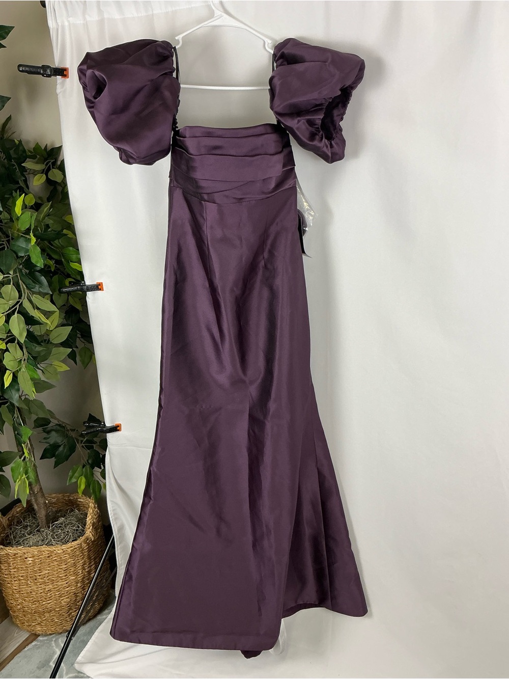 ALFRED SUNG Off-the-Shoulder Satin Maxi Dress in Plum - Picture 2 of 6